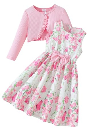 Little Girls Dress and Cardigan Set Floral Sleeveless Sundress Solid Ribbed Ruffle Long Sleeve Coat Kids Two Piece Fashion Outfit 3-10 Years