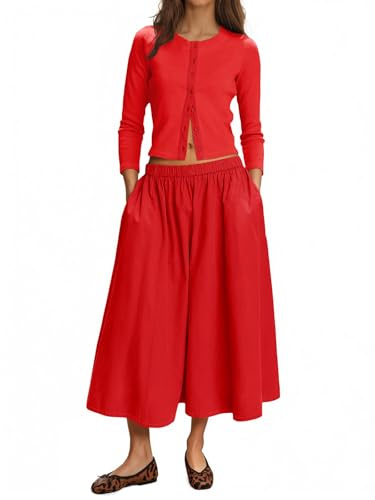 Tankaneo Conjunto de falda de 2 piezas para mujer, cárdigan de punto de manga 3/4, cintura elástica, falda midi, conjunto de vestido casual a juego