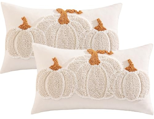 Tosleo Lot de 2 Housse de Coussin Trois Citrouilles Beiges Touffeté 30 x 50 cm Taie d'oreiller de Thanksgiving pour Canapé Maison Salon Jardin Chambre Automne Décoration
