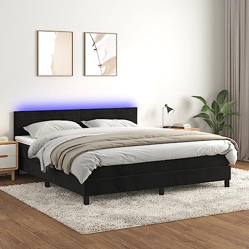 IKAYAA Boxspringbett mit Matratze 160 x 200 Bett mit LED Beleuchtung & Topper Boxspringbett 160 x 200 cm Bett mit Matratze und Lattenrost Bett komplett mit Kopfteil Samt-Schwarz-160 x 200 cm