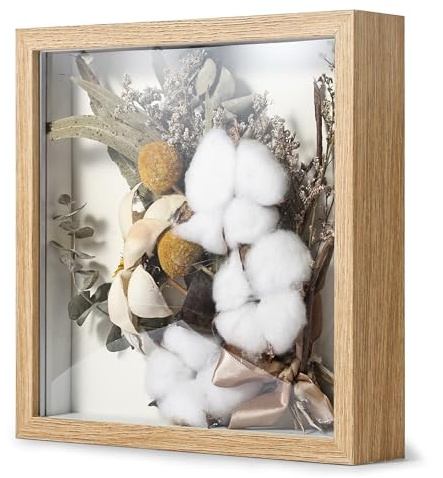 Chumix Cadre 3D Profond 20x20 cm Cadre Photo Vitrine 3D Cadre Boîte en Bois Cadre d'Objet Carrée, Cadre Profond avec Vitre pour Objet pour DIY de Bouquets, Spécimens, Coquillages (Couleur Bois)
