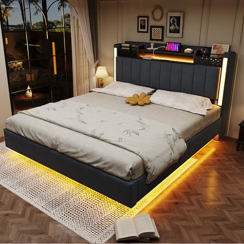 HESHU Polsterbett Bettgestell 140x200 mit LED und USB Ladestation,Bett mit Stauraum Kopfteil, Schwebebett Bettrahmen Erwachsene,Leinenstoff, Ohne Matratze,Grau