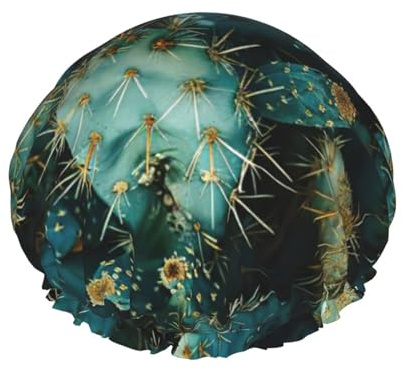 Cactus Print Lightweight And Elasticated Waterproof Shower Cap, Double Layer Waterproof Hair Cap