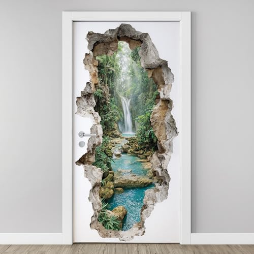 3D Türaufkleber Berg Wasserfall Türfolie, PVC Türtapete Fototapete Wald Gebirgsbach Wandbild zum Abziehen und Aufkleben, Schlafzimmer Wohnzimmer Badezimmer Tür Verschönern Deko 88 x 200 cm