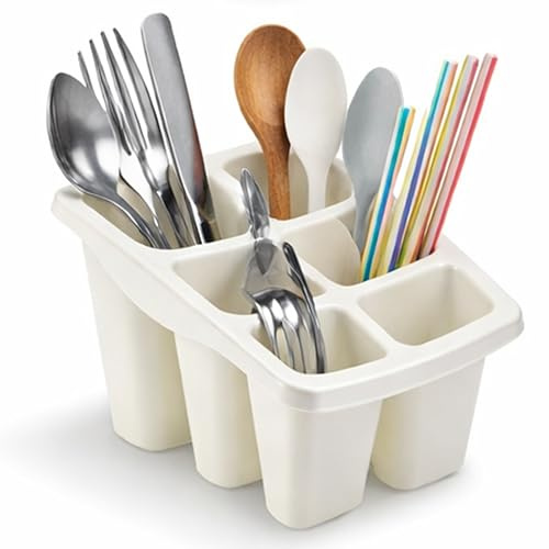 Ploutos World Wide Premium Cutlery & Utensil Drainer – Heavy-Duty Plastic Sink Caddy with Drain Holes, Multi-Section Countertop Tidy Holder for Kitchen Tools & Cutlery Storage (Cream)