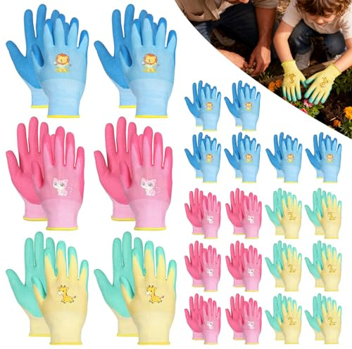 BUTORY 24 Paia Di Guanti Da Giardinaggio Per Bambini Con Rivestimento In Lattice Antiscivolo, Per Ragazze, Ragazzi E Bambini All'Aperto, Colore M
