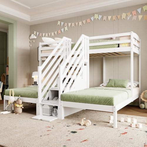 Sapgaks Letto a soppalco scala 90 x 200 cm, letto a soppalco 3 posti, letto a castello 3 posti pino, scala a scomparsa con cassetti, Gardecorpi, certificato nel 747, senza materasso, bianco