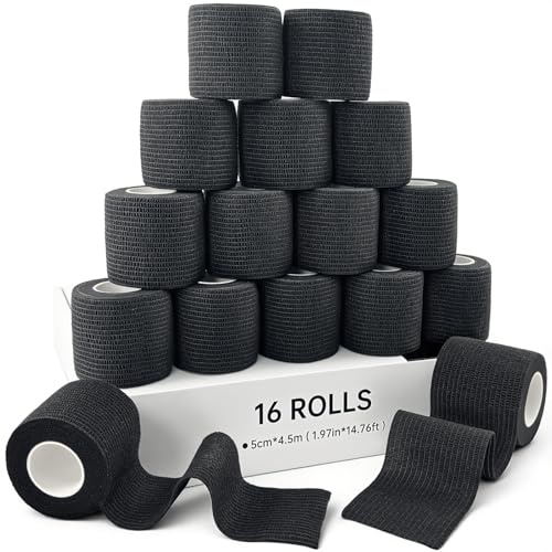 HONYAO Självhäftande Bandage 16 Rullar, 5cm x 4,5m Self Adhesive Bandage för Hundar Katter, Kohäsiv Binda för Sporthandled Fotled Sträckning Vrickningar Svullnad Första Hjälpen, Svart