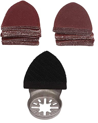 Kit disco abrasivo oscillante da 51 pezzi - Platorello triangolare con gancio e anello con 50 fogli di carta vetrata - Grana da 60 a 240 - Compatibile con Fein Chicago e