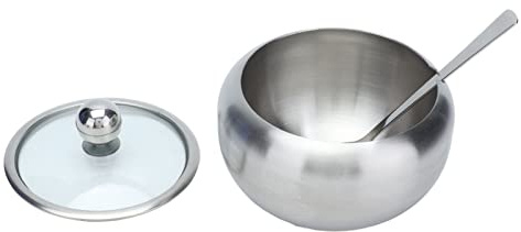 ZJchao Azucarero, Acero Inoxidable y Vidrio con Tapa Transparente y Cuchara Azucarero con Tapa Cuchara con para Sal, Glutamato Monosódico, Pollo en Polvo, Azúcar