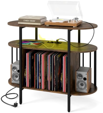 COSTWAY Meuble Platine Vinyle LED avec Prise (Marron) | Design 3 Niveaux Ouvert, 3 Séparateurs, Support Tourne-Disque pour CD DVD Manga Livres, Meuble HiFi Vinage pour Salon Chambre