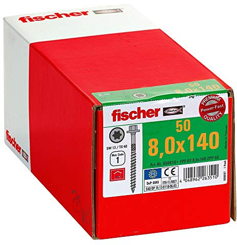 fischer - Tirefond Power-Fast 8,0x140 revêtement zingué blanc, filetage partiel, tête hexagonale avec empreinte Torx/Boite de 50