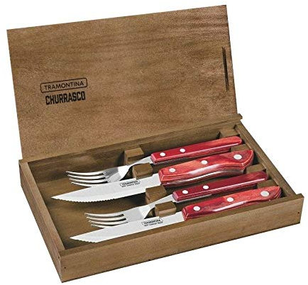 Steakbesteck-Set BUENO rot 4-tlg. in Naturholzkiste, Klinge aus rostfreien Edelstahl komplett Spülmaschinengeignet