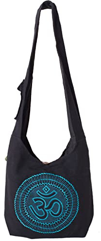 Vishes - Umhängetasche Stoff Beuteltasche Schulterbeutel Damen Beutel Herren Langer breiter Tragegurt Om Unisex schwarz-türkis