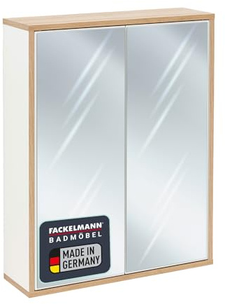 FACKELMANN Finn Spiegelschrank, 60cm in Weiß-AST-Eiche, Retrostil, 2 Türen, Push-to-Open-Technik, Made in Germany