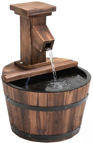 Outsunny Springbrunnen elektrisch Outdoor Gartenbrunnen mit Holzeimer Hahn Pumpe Dekorationsbecken Zimmerbrunnen Wasserspiel Zierbrunnen Wasserfall für Garten Rasen Ø27 x 37 cm Verkohlt