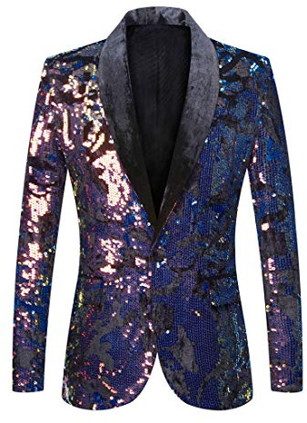 PYJTRL Giacca da Uomo in Velluto con Paillettes con Motivo Floreale (Velvet - Blue, XS)