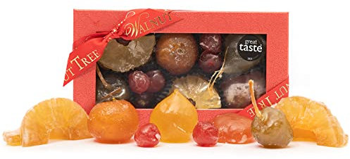 Walnut Tree Medium Glaced Fruits Gift Box with Candied Apricot, Apples, Pears, Cherries, Pineapple – Suitable for Vegan, Vegetarian, Halal, Gluten Free Diets – Luxury Gift Selection – 190g Pack
