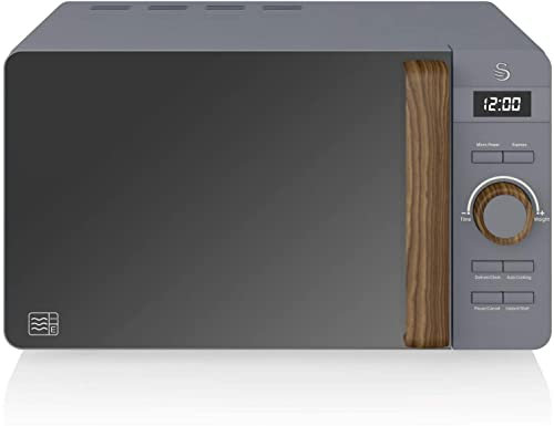 Swan Nordic Microonde Digitale da 20 L, 6 Livelli di Funzionamento, 800 W di Potenza, Timer 30 min, Facile Pulizia, Modalità Scongelamento, Design Moderno, Maniglia Effetto Legno, Grigio Opaco