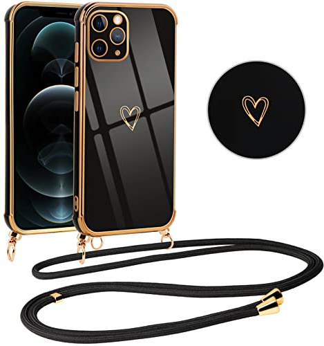 Vauki handyband für iPhone 12 Pro Max Hülle mit Band, Handyhülle Silikon Schwarz mit Herz Motiv, Ultra Dünn Stoßfeste Aesthetic Case mit Kordel zum Umhängen für iPhone 12 Pro Max 6.7