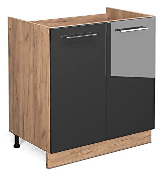 Vicco Spülenunterschrank Fame-Line, Anthrazit Hochglanz/Goldkraft Eiche, 80 cm ohne Arbeitsplatte