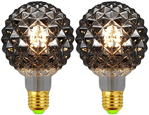 Lxcom Lighting G95/G30 Pineapple Decorative Edison Bulb 4W(40W Equivalent) Globe Light Bulbs Warm White 2700K E26 Medium Base Smoke Grey Glass Filament Bulbs for Table Lamp Wall Sconce, 2 Pack