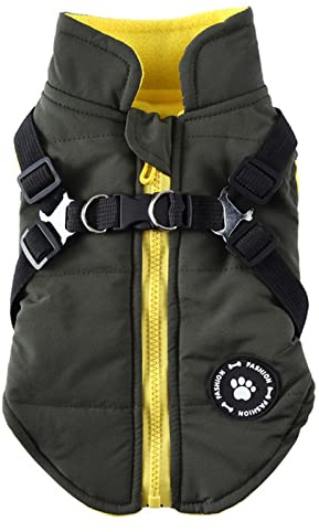 Warme Hundemäntel, Jacken, Hundegeschirr und Mantel, Reißverschluss, 2-in-1-Winterjacke, kein Ziehen, Hundeweste, Geschirr, Outfit, Mäntel für Welpen, kleine, mittelgroße Hunde, Grün (S): Brustumfang: