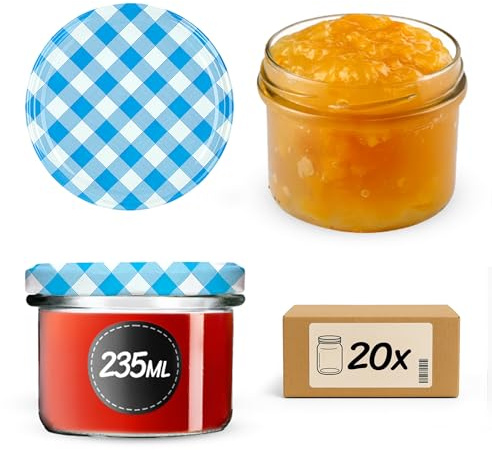 KADAX Små konserveringsburkar 235 ml, glas fi82, miniglas för honung och kryddor, syltburkar med lock, lufttäta burkar att ge bort (blårutiga, 20 stycken)
