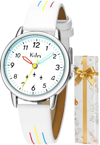 KDM Reloj Niño Niña Reloj Tiempo de Aprender Impermeable Relojes de Pulsera Analógico Deportivos de Cuarzo Reloj Infantil Time Teacher, Regalo para Niñas y Niños 3-12 Años, Blanco