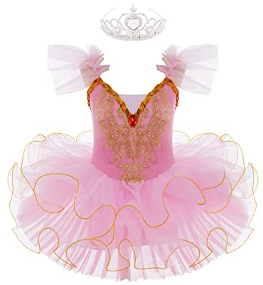 ranrann Enfant Fille Tutu Robe de Ballet Danse Classique Tulle Justaucorps Paillette Robe Costume Performance 3-14 Ans Rose 5-6 Ans