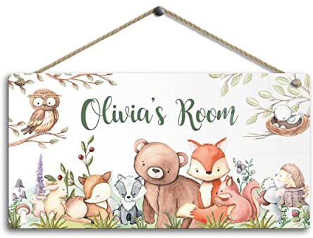 Personalised Children's Bedroom Door Sign. Custom Name Plaque. Gloss Metal. Woodland Animal Forest Nursery Wall Art for Girls Boys Baby Room Decor