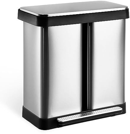 Bote de basura doble de 16 galones, cubo de basura de dos compartimentos, cubo de basura con cubo de reciclaje, cubos de basura dobles para cocina, 2 x 8 galones, acero inoxidable