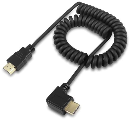 HATMINI Left Angle HDMI Coiled Cable，90 Degree HDMI Male to Male Spring Spiral Cable,Coiled 19 inch Extended to 75 inch Support 3D 1080P for Camera, Monitor (Left)