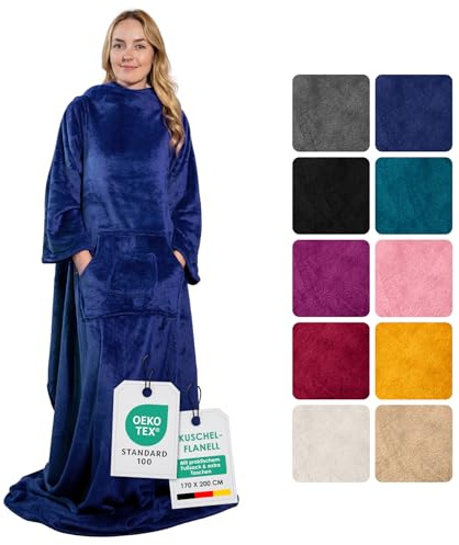 heimtexland ® Ärmeldecke TV Kuscheldecke mit Ärmeln Taschen Fußsack Super Soft Flanell tragbare Decke Ganzkörperdecke Typ870 Royalblau 200x170 cm