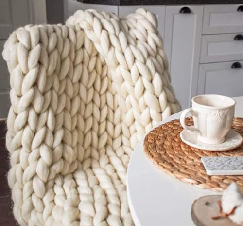 Grobstrick Decke, Kuschelig Warm Strickdecke Mischwurf, Handgefertigt Gewichtet Wolldecke Gestrickt Decke Werfen, für Sofa Bett Sessel Garten (Color : Ivory White, Size : 180 * 200cm)