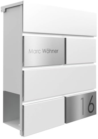Cassetta delle lettere Manufaktur Design - Cassetta delle lettere Kant Edition con scomparto per giornali, Elegance 3, personalizzabile con nome e numero civico (RAL 9016 bianco traffico)