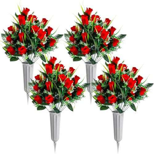 Crowye 4 Sets Artificial Cemetery Flowers for Grave with Vase 96 Heads Rose Bouquet Decoration Arrangement Silk Memorial Flowers for Headstones Gravesite Memorial Day(Red)
