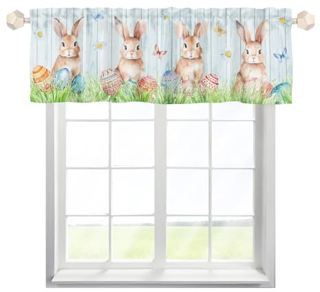EHJOS Ostern Kaninchen Scheibengardinen Bistrogardine mit Stangendurchzug Kurzstore Gardine Landhausstil Küchegardine für Küche Wohnzimmer Landhaus Multicolor 1pc