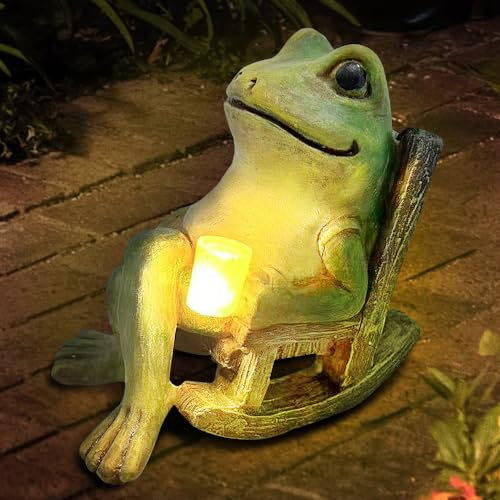 CLIUNT Solar LED Frog Garden Ornaments Outdoor, Waterproof Garden Frog Gifts for Women, Garden Frog Statue Decoration, Funny Fairy Garden Ornaments Accessorie