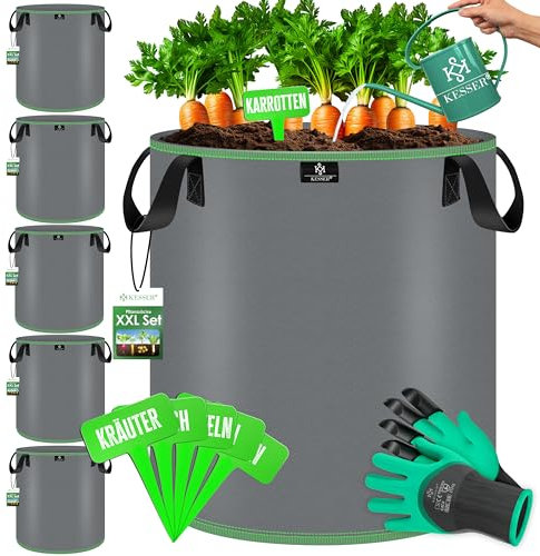 KESSER® Pflanzsack 60 Liter - 5er Set | Pflanzsäcke aus Vlies-Stoff inkl. Schildchen & Gartenhandschuhe | Kartoffel-Pflanztasche mit Fenster & Griffen | Pflanzbeutel für Gemüse Blumen Früchte Grau