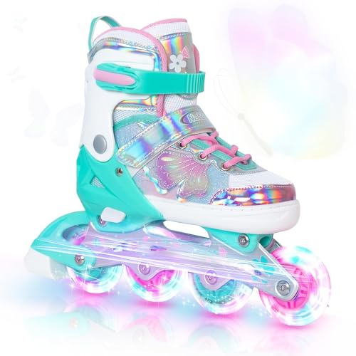 Patinaje en línea para niños - Patines en línea Ajustables Patines de Rodillos de Mariposa para niñas de Edades 6-12 Hojas de Rodillos (Teal,M)