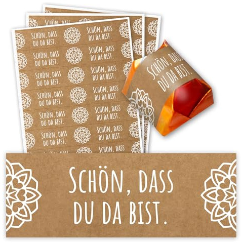 younikat Aufkleber-Set 60 Stk. Blume Spruch für Küsschen - dv1428 | Schön dass du da bist, Gastgeschenk Hochzeit Taufe Geburtstag, selbstklebend