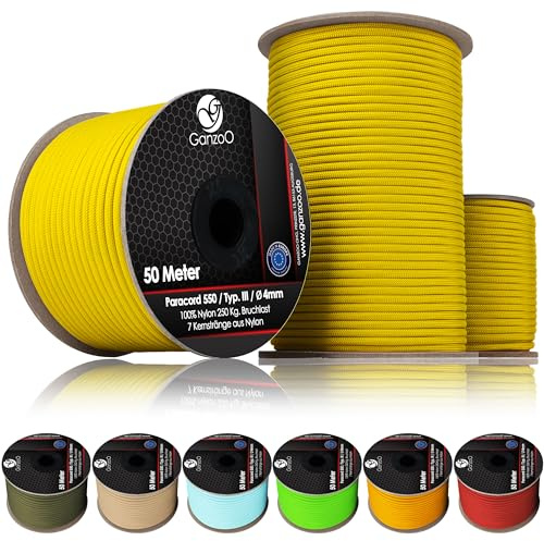 Ganzoo Paracord 550 Cuerda Nylon 100% 4 mm, 50 m en Rollo, Tipo 3 con 7 hebras internas y Funda Trenzada 32 Hilos, Color Pastel Lemon, para Nudos, Camping, Supervivencia, bushcraft, Taller y Outdoor