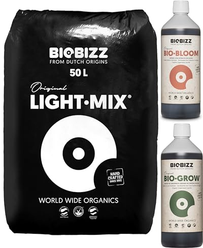 Biobizz Light Mix 50L mit Biobizz Dünger Set, Bio Grow 1 Liter, Bio Bloom 1 Liter, für kontrolliertes Pflanzenwachstum und Wurzelentwicklung