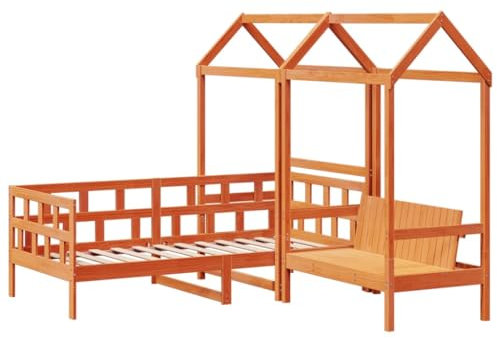 vidaXL Tagesbett Bank Set, Holzbett Holzbank mit Dach ohne Matratze, Bettsofa Schlafsofa für Schlafzimmer Wohnzimmer, Gästebett Lattenrost Sitzbank, Wachsbraun 90x200cm