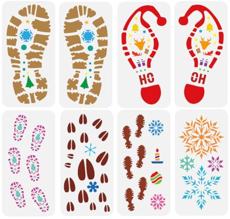 FINGERINSPIRE 8 Stück Weihnachts Fußabdruck Schablone Zum Malen 15x30cm Vorlagen Für Fußabdrücke von Elfen Und Hirschen Glocken Schlitten Kerzen Geschenke Schablonen Weihnachtskugeln Schablonen