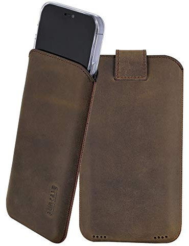 Suncase Etui Tasche kompatibel mit iPhone 16 Pro Max (6,9 Zoll) Hülle mit ZUSÄTZLICHER Case/Schale/Bumper Lasche mit Rückzugfunktion Handytasche Ledertasche Schutzhülle in antik-braun
