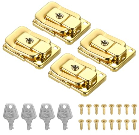 PATIKIL Serratura per valigia, 4,1 x 2,8 cm, 4 pezzi, chiusura a levetta in ferro con chiavi/viti, chiusura a scatto per scatola di gioielli in legno, cassetta degli attrezzi, oro