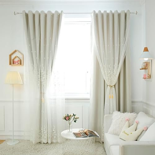 Bishilin Vorhänge Blickdicht mit Ösen 132x229CM, Verdunklungsvorhänge Beige 2er Set Doppellagig Stickerei mit Blumen Motiv Nordisch Polyester Gardinen Schlafzimmer Kinderzimmer Jugendzimmer