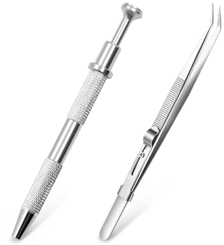 YHTCC 2 PCS Jewelry Pickup Tools, Piercing Ball Grabber with 4 Grippers | Piercing Ball Grabber with 4 Grippers, Stainless Steel Elbow Tweezers, Self-Locking Tweezers for Grabbing Small Parts